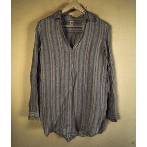 Gap Women Blue White Striped Long Sleeve Linen V-Neck Collared Pullover Shirt XS